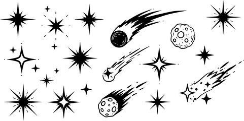 Wall Mural - set stars and comets isolated on a transparent background. vector illustration in monochrome style. 