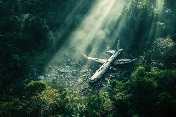 Aufkleber - Dense forest reveals airplane debris in clearing surrounded by towering trees. Generative AI