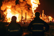 © Nesta - A female and male worker look at a fire at a large refinery at night