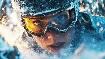 The look of a female skier wearing a mask and helmet during a dangerous ski descent in the glare of the sun