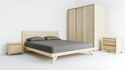 Wall Mural - A wooden bed with a gray sheet and pillows is set up in front of a white wall