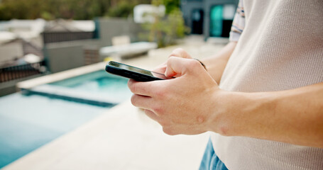 Poster - Man, hands or outdoor with mobile for social media, travel planning or contact at hotel. Influencer, phone or typing at resort pool for status update, accommodation review or writing blog on platform