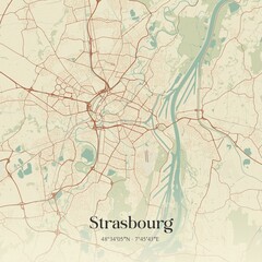 Wall Mural - Retro map of Strasbourg, Grand Est, France. Vintage street map.