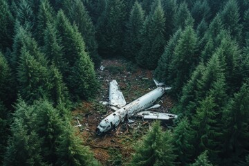 Aufkleber - Aerial view reveals airplane wreckage in the heart of a dense forest landscape. Generative AI