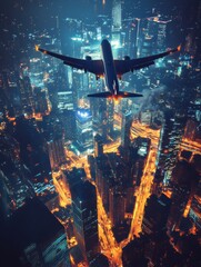 Aufkleber - Airplane soaring high above a dazzling cityscape illuminated at night in a vibrant urban landscape. Generative AI