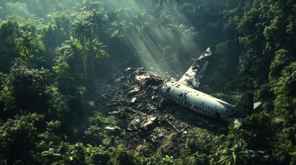 Aufkleber - Dense forest reveals airplane wreckage amidst natural beauty at dawn. Generative AI