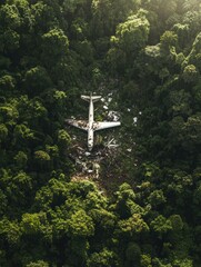 Aufkleber - Wreckage of an aircraft among dense forest canopy captured in aerial view. Generative AI