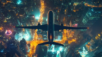 Poster - Nighttime flight above a bustling city filled with bright lights and towering skyscrapers. Generative AI