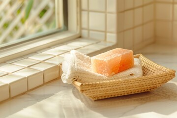 a minimalist bathroom featuring a himalayan salt soap bar on a bamboo soap dish,