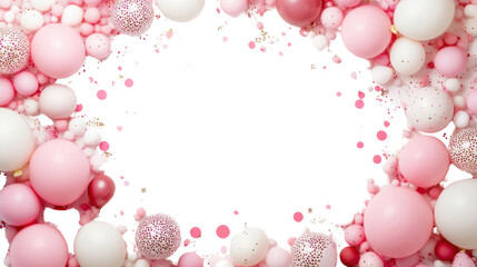 Poster - Pink and white balloons frame with falling confetti on transparent background