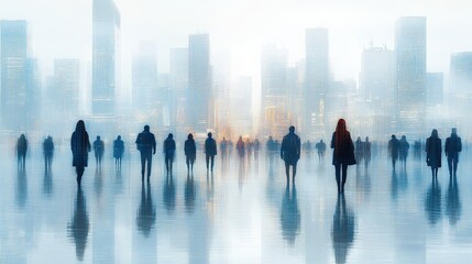 Wall Mural - Silhouetted figures in a foggy urban landscape with skyscrapers reflecting on wet pavement