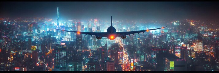 Poster - Airplane soars over a vibrant city skyline illuminated under the night sky. Generative AI