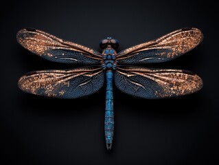 Closeup of a metallic dragonfly with orange and blue wings