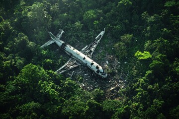 Aufkleber - Densely wooded area reveals airplane wreckage amidst lush green canopy in remote location. Generative AI