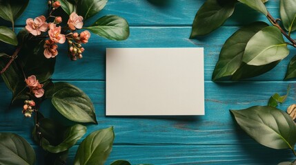 Poster - A blank card styled with artistic touches of green leaves and pink blooms, laid on a vibrant blue wooden table.