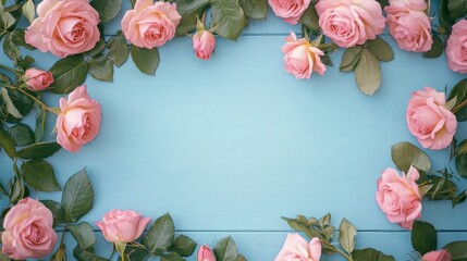 Poster - A blank paper sheet encircled by neatly arranged pink roses and soft green leaves on a brightly painted blue wooden background.