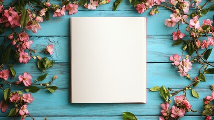 Poster - A blank card styled with artistic touches of green leaves and pink blooms, laid on a vibrant blue wooden table.