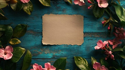 Poster - A blank paper sheet encircled by neatly arranged pink roses and soft green leaves on a brightly painted blue wooden background.