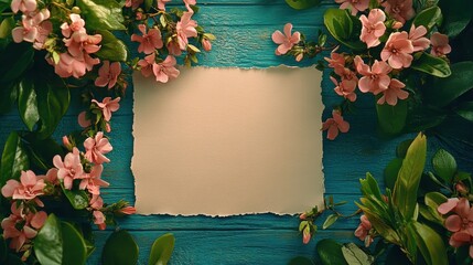 Poster - A blank paper sheet encircled by neatly arranged pink roses and soft green leaves on a brightly painted blue wooden background.