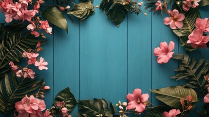 Poster - A blank sheet placed among small clusters of vibrant pink flowers and lush greenery on a rustic blue wooden surface.