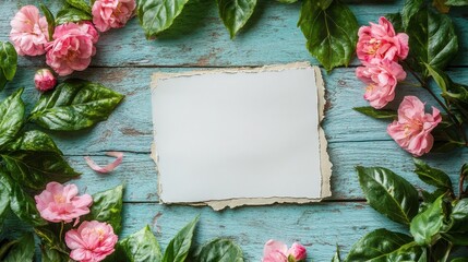 Poster - A dreamy composition with blank paper bordered by lush green leaves and pastel pink flowers on a weathered blue wooden surface.