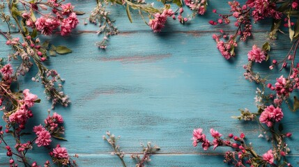 Poster - A flat lay scene of a blank card with natural pink flowers and greenery creating an organic frame on a textured blue wooden table.