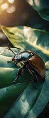 Wall Mural - Jungle beetle on leaf, sunlit background, nature macro