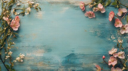 Poster - A peaceful design showcasing blank paper, scattered pink flowers, and greenery on a textured blue wooden table.