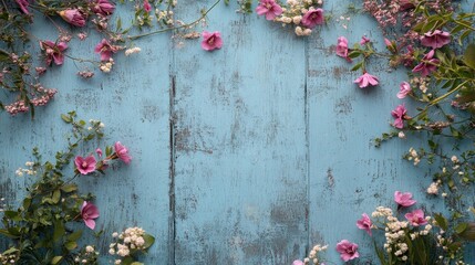 Poster - A peaceful design showcasing blank paper, scattered pink flowers, and greenery on a textured blue wooden table.