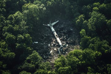 Aufkleber - Aerial view reveals scattered airplane debris among dense forest canopy during daylight. Generative AI