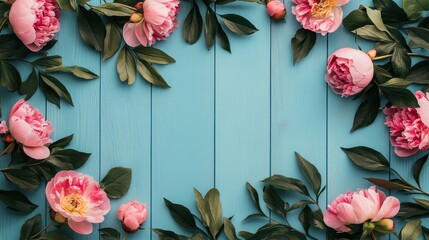 Poster - A peaceful design showcasing blank paper, scattered pink flowers, and greenery on a textured blue wooden table.