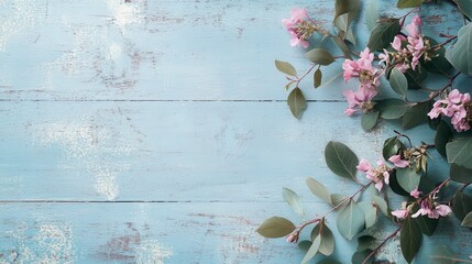 Poster - A serene flat lay featuring blank paper with pink flower accents and leafy greens on a lightly distressed blue wooden background.