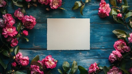 Poster - A top-down view of a blank sheet of white paper elegantly framed by fresh pink flowers and green leaves on a textured blue wooden surface.