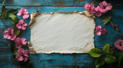 Poster - A top-down view of a blank sheet of white paper elegantly framed by fresh pink flowers and green leaves on a textured blue wooden surface.