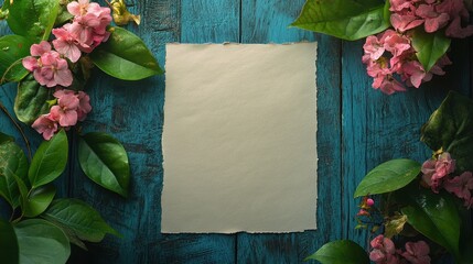 Poster - A top-down view of a blank sheet of white paper elegantly framed by fresh pink flowers and green leaves on a textured blue wooden surface.