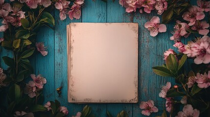 Poster - A top-down view of a blank sheet of white paper elegantly framed by fresh pink flowers and green leaves on a textured blue wooden surface.