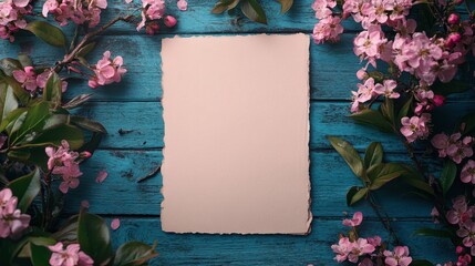 Poster - A top-down view of a blank sheet of white paper elegantly framed by fresh pink flowers and green leaves on a textured blue wooden surface.