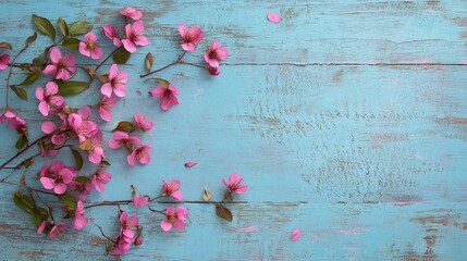 Poster - A white blank card styled with an artistic scatter of pink blossoms and leaves, resting on a serene blue wooden background.