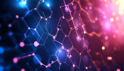 Poster - abstract hexagonal network with glowing nodes and connections in vibrant pink and blue hues.