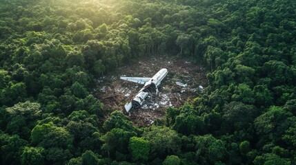 Aufkleber - Aerial view captures airplane debris scattered in a dense forest setting during daylight hours. Generative AI