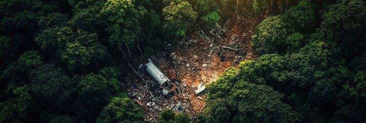 Aufkleber - Debris from an aircraft scattered across a dense forest canopy in a remote area during daylight. Generative AI