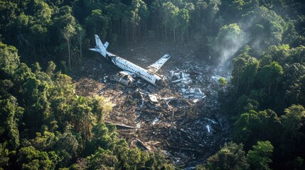 Aufkleber - Scattered airplane debris lies beneath a dense forest canopy in a remote location. Generative AI