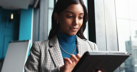 Poster - Typing, tablet and research with business woman in office for workshop coordinator, reading and corporate trainer. Feedback, planning and conference organizer with person in agency for schedule