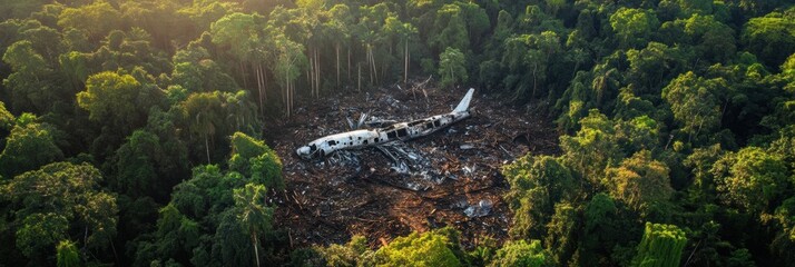 Aufkleber - Aerial view reveals airplane debris scattered in dense forest canopy during golden hour light. Generative AI