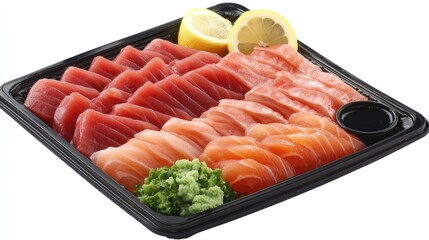 Poster - A fresh sashimi platter with tuna, salmon, and yellowtail, arranged on a rectangular wooden tray with soy sauce, lemon wedges, and wasabi.