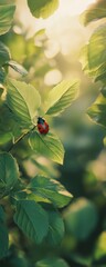 Wall Mural - Ladybug on leaf, sunlit garden, bokeh background, nature imagery