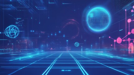 Poster - Futuristic Digital Environment with Neon Lights and Holographic Elements
