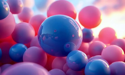 Poster - Pink blue spheres sunset background, abstract design