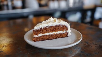 Canvas Print - A slice of freshly baked carrot cake topped with a smooth cream cheese frosting, sitting on a rustic caf counter.