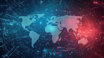 Poster - Digital World Map with Network Connections in Dark Background